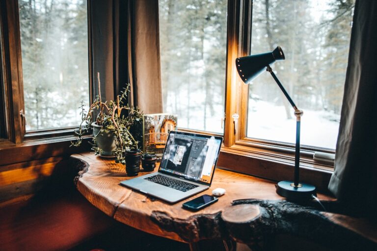 Mit einem Blog Geld verdienen - Bloggerin arbeitet am Laptop am gemütlichen Arbeitsplatz